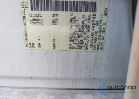 2014 Nissan Maxima 3.5 S z USA, uszkodzony, nr VIN 1N4AA5AP3EC448948